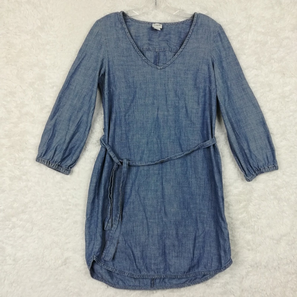 J. Crew Womens Dress Mini Long Sleeve Blue Chambray Tie-Waist V-Neckline S